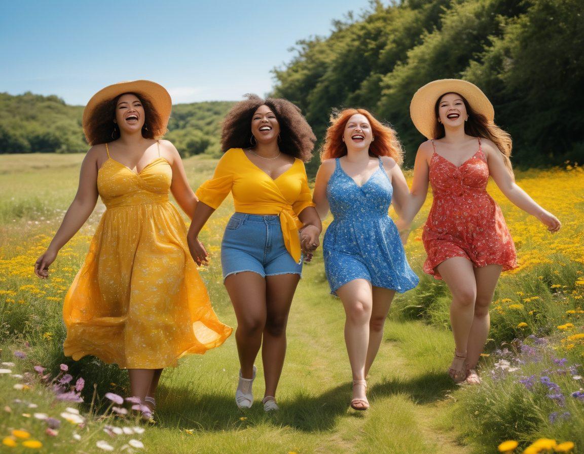 A playful and vibrant scene showcasing curvy models joyfully engaging in various outdoor activities, such as laughing together at a picnic, dancing in a field of wildflowers, and exploring a beach setting. The models are portrayed in a natural and authentic manner, radiating positivity and confidence while surrounded by a sunny, cheerful atmosphere. Emphasize bright colors and an uplifting environment to convey the theme of joy and self-acceptance. super-realistic. vibrant colors. outdoors.