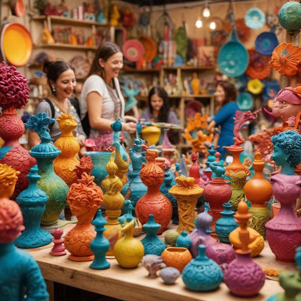 A vibrant bazaar filled with enthusiastic hobbyists showcasing their unique, imaginative creations—think whimsical sculptures, colorful paintings, and quirky gadgets. Each artist is joyfully engaged, demonstrating their craft, while lively discussions and laughter fill the air. In the foreground, a cheerful group of diverse women excitedly shares their projects, embodying creativity and passion. The background is a burst of colors and textures, enhancing the theme of fun and excitement. bright colors. dynamic composition. 3D.