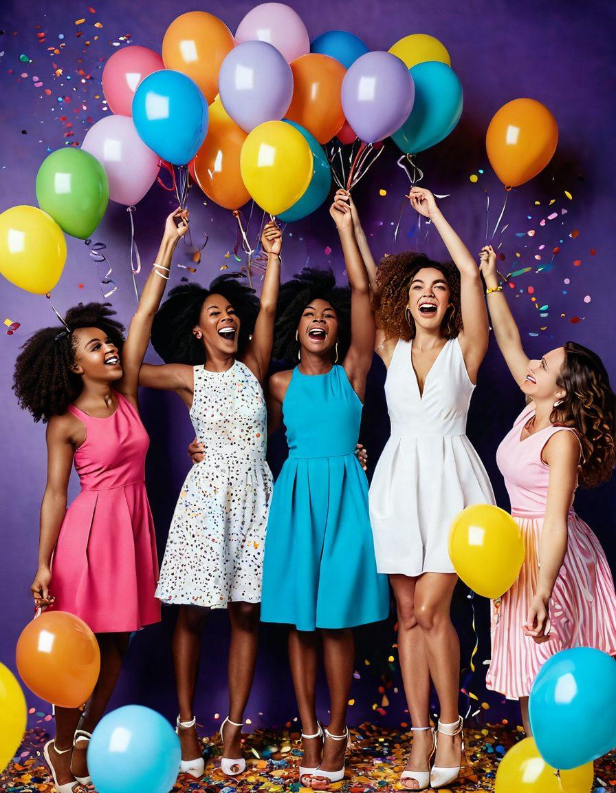 A playful and exuberant scene featuring diverse amateur women joyfully engaging with their unique content, showcasing an artistic blend of creativity, spontaneity, and confidence. Include a backdrop with bright colors, sparkling confetti, and whimsical elements like balloons and streamers to emphasize celebration. Capture the essence of happiness and freedom in their expressions and poses. vibrant colors. 3D. lively atmosphere.